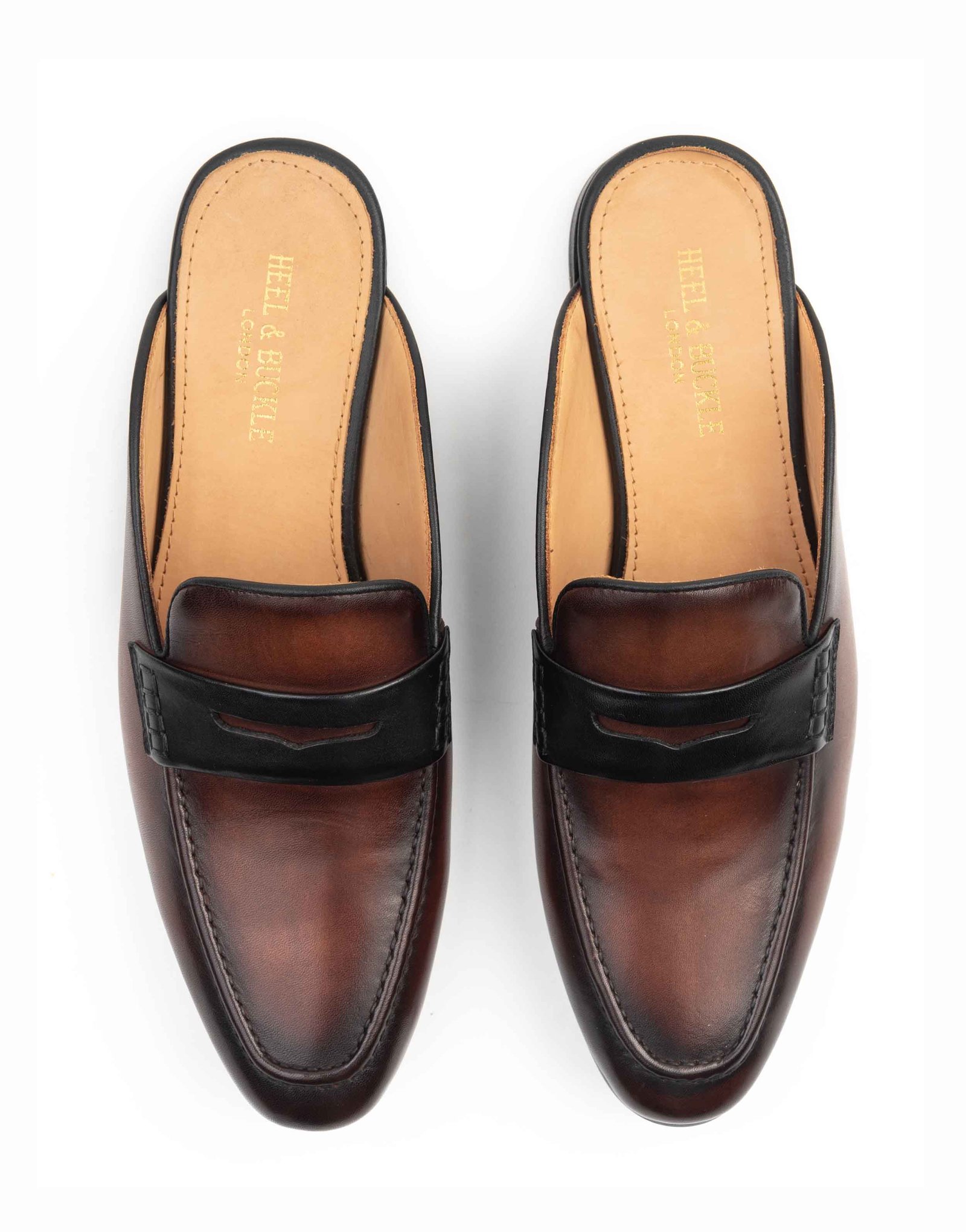 brown leather heeled mules